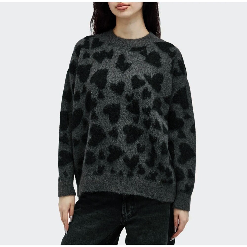 Anine Bing Sydney Crew Sweater M Gray Black Heart Print Alpaca Oversized $400
